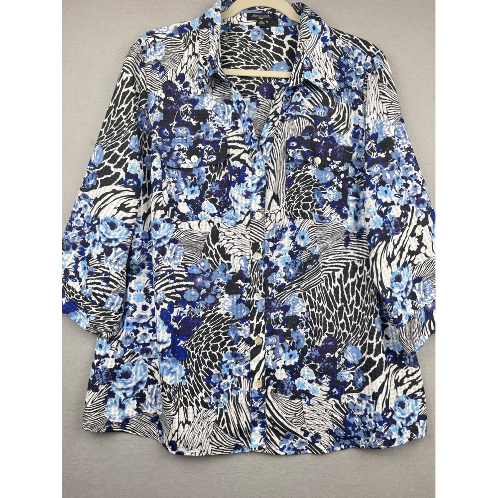 Notations Blouse Womens 2X Floral Animal Print 3/4 Sleeve Button Front Eclectic